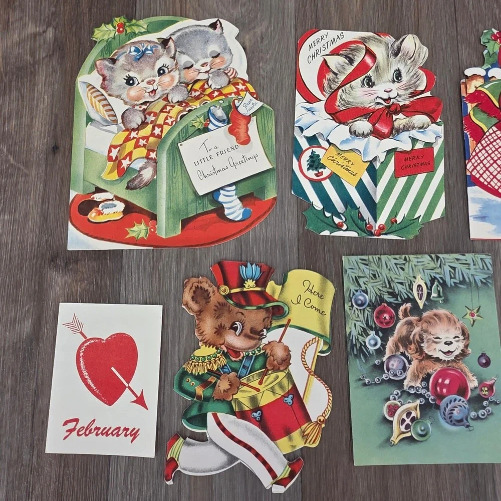 Vintage 1950s Christmas Card Lot Die Cut Kittens Puppies Teddy Bear MCM Norcross